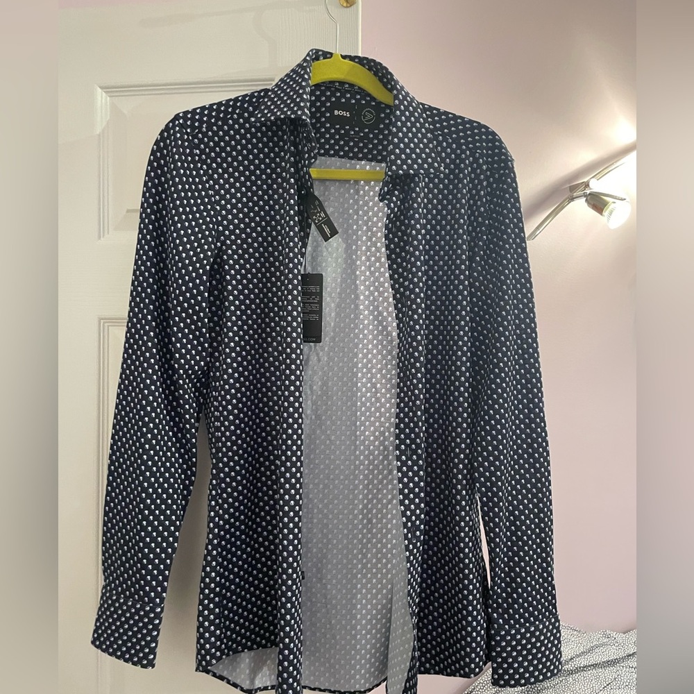 Hugo Boss Navy Polka Dot Dress Shirt Slim Fit